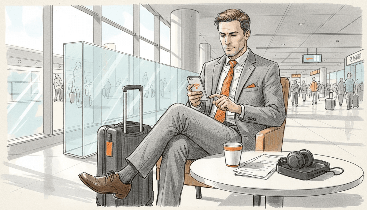 Business traveler managing phone at busy airport