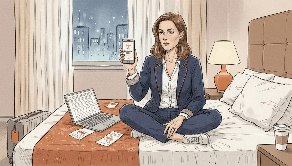 Female traveler reviewing travel expenses in hotel