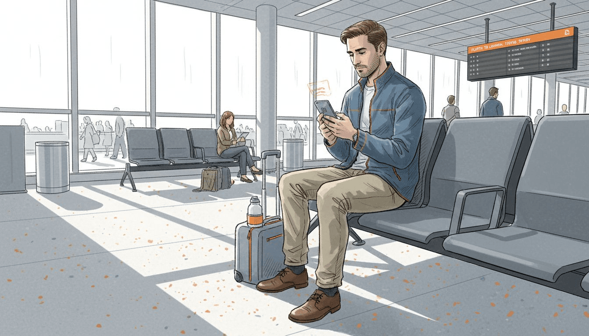 Traveler activating eSIM on smartphone at airport