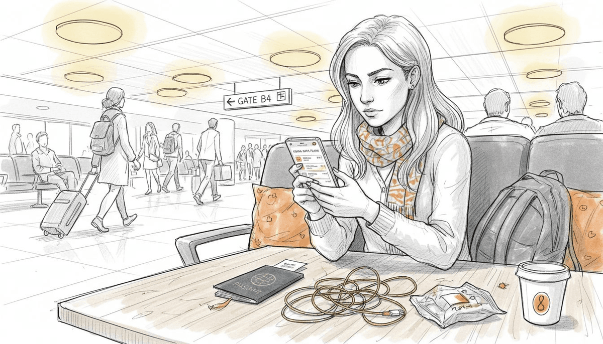 Woman reviewing eSIM plans in airport lounge