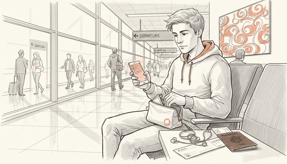 Traveler activating eSIM at airport window
