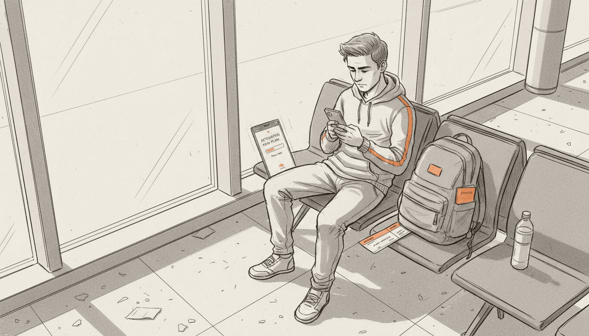 Traveler setting up eSIM phone in airport
