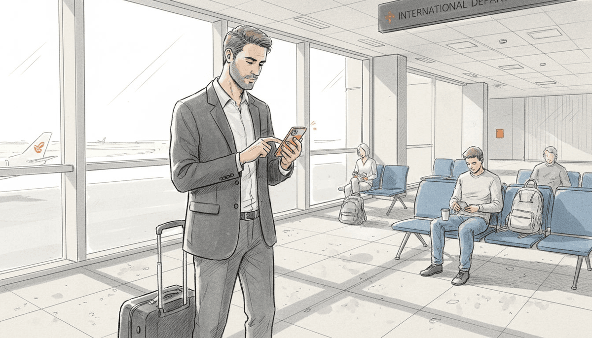 Traveler activating eSIM in an airport terminal