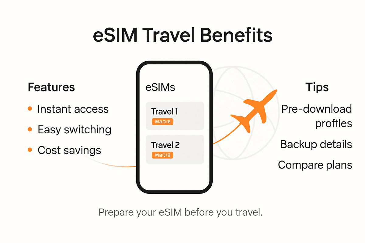 Infographic outlining major eSIM travel benefits