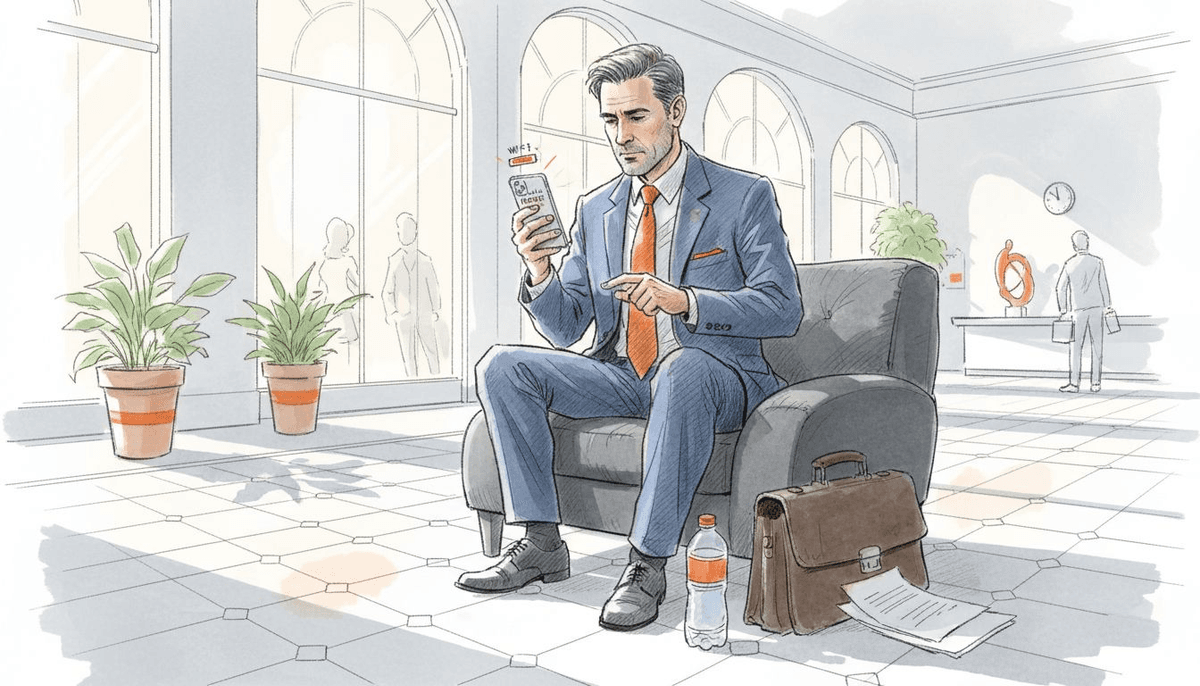 Man changing phone network in hotel lobby