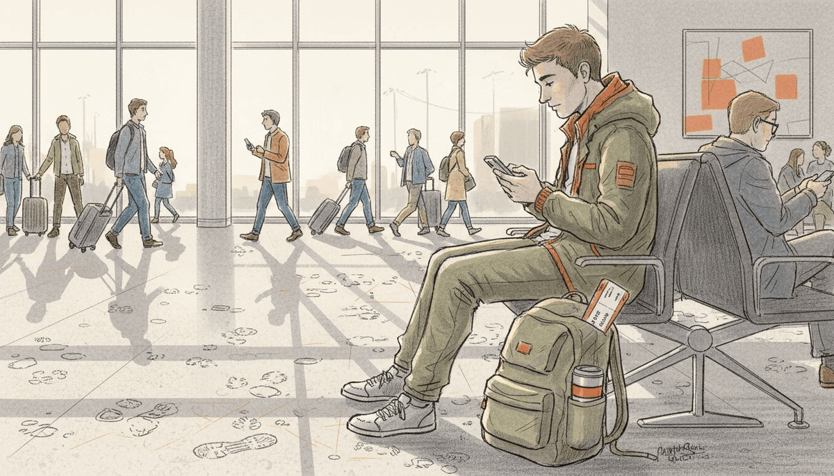 Traveler using smartphone in airport lounge
