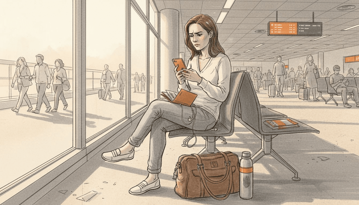 Traveler using smartphone at busy airport