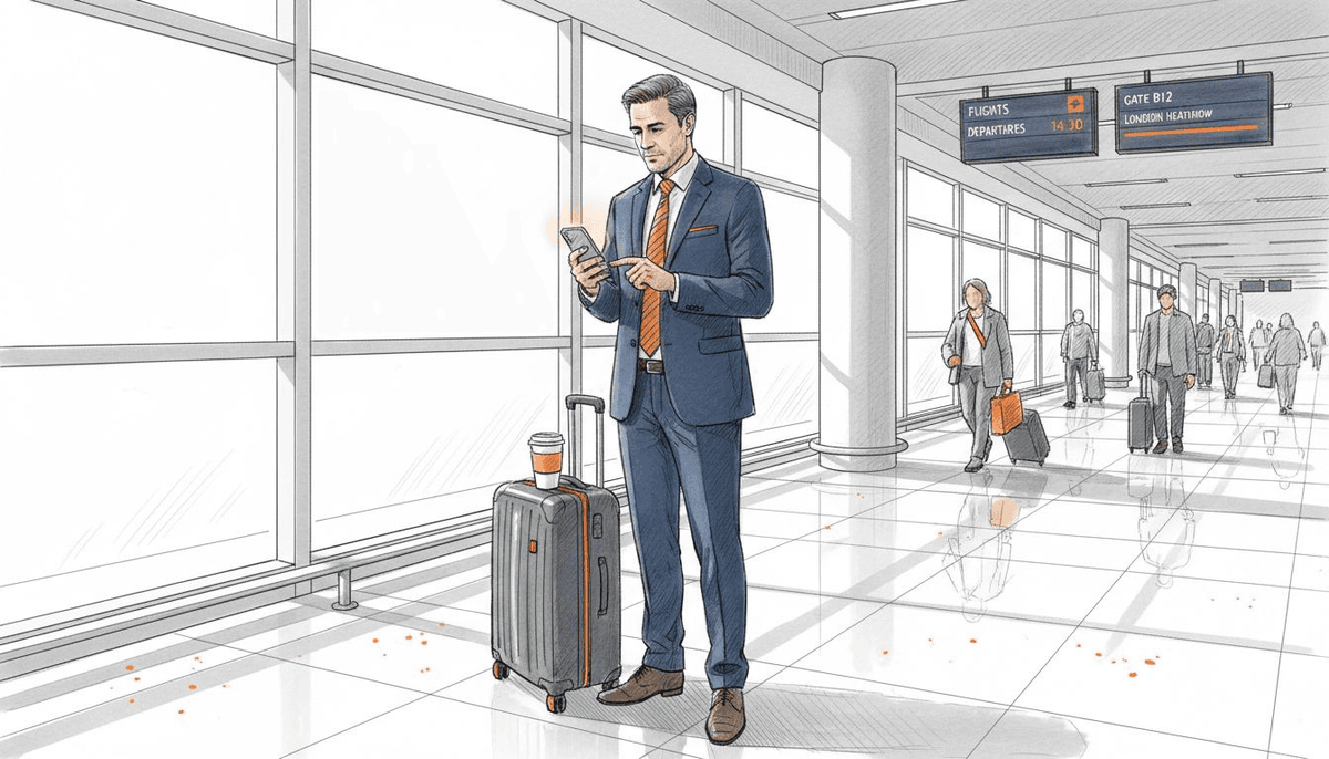 Business traveler managing eSIM at airport