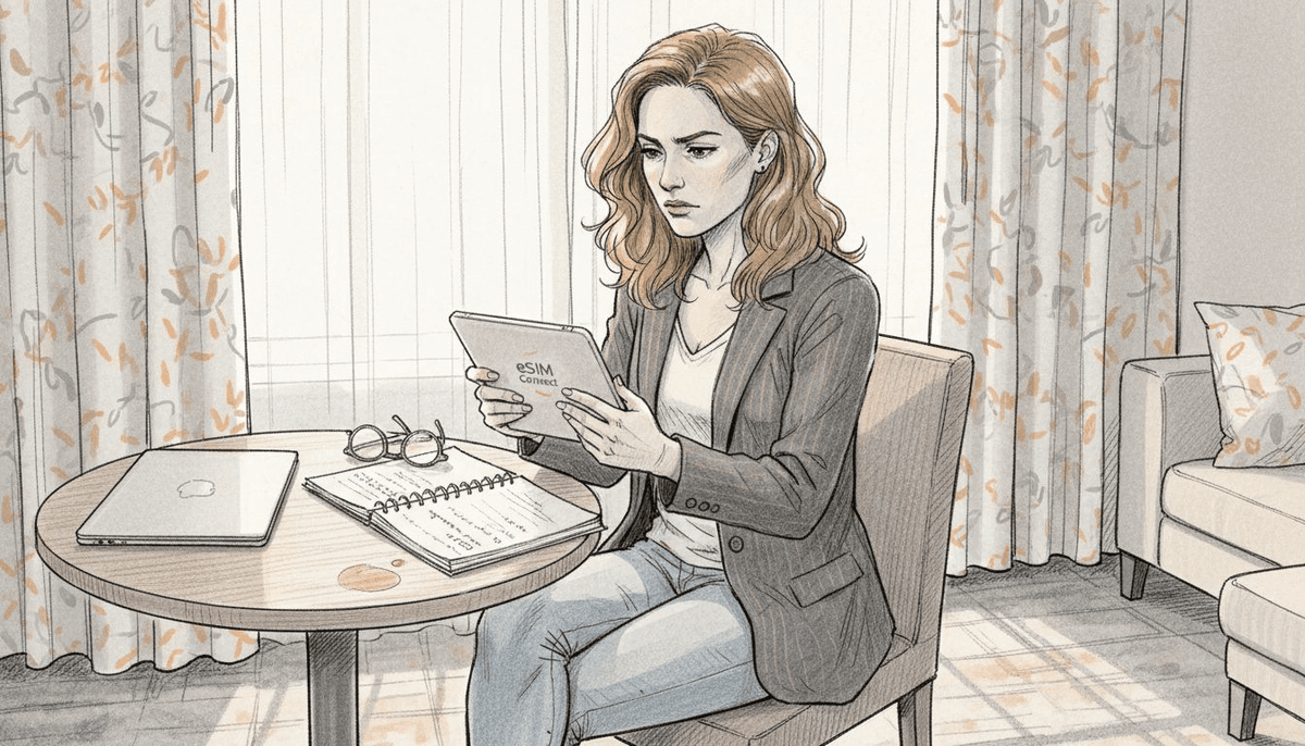 Professional activating eSIM in hotel room