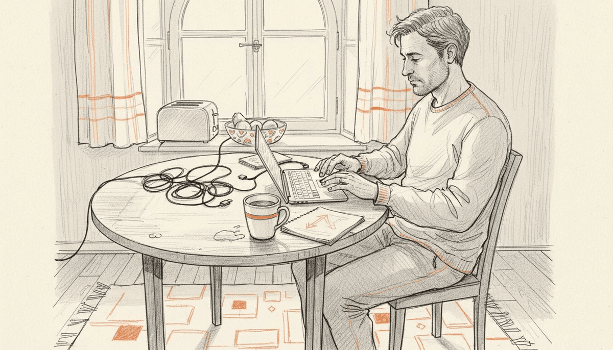 Man troubleshooting eSIM on smartphone at table