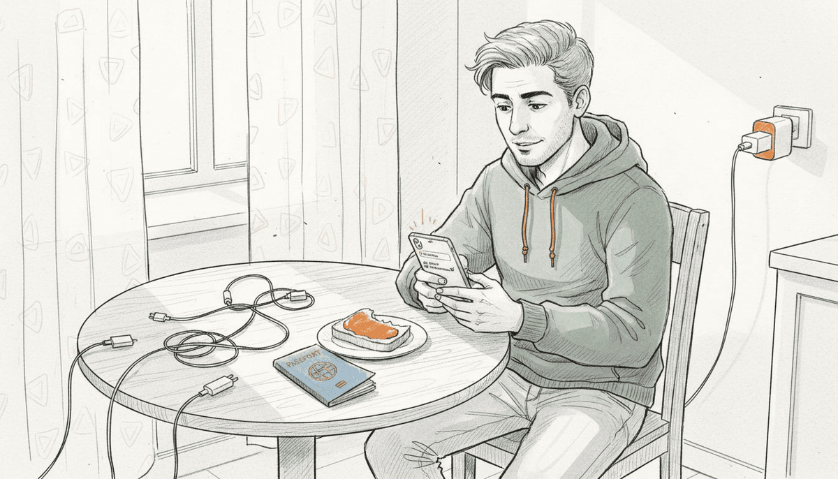 Traveler checking smartphone for eSIM compatibility