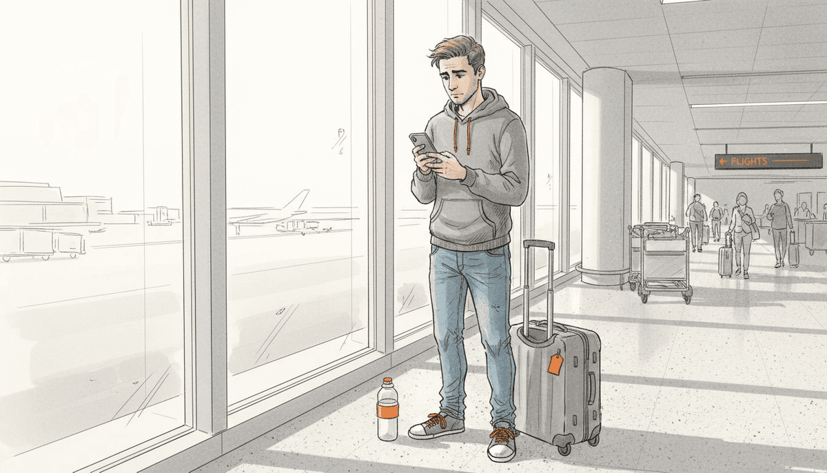 Traveler checking phone at airport window