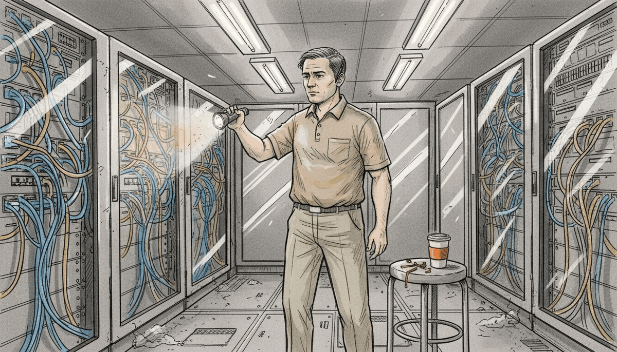 Technician checks network cables in telecom room
