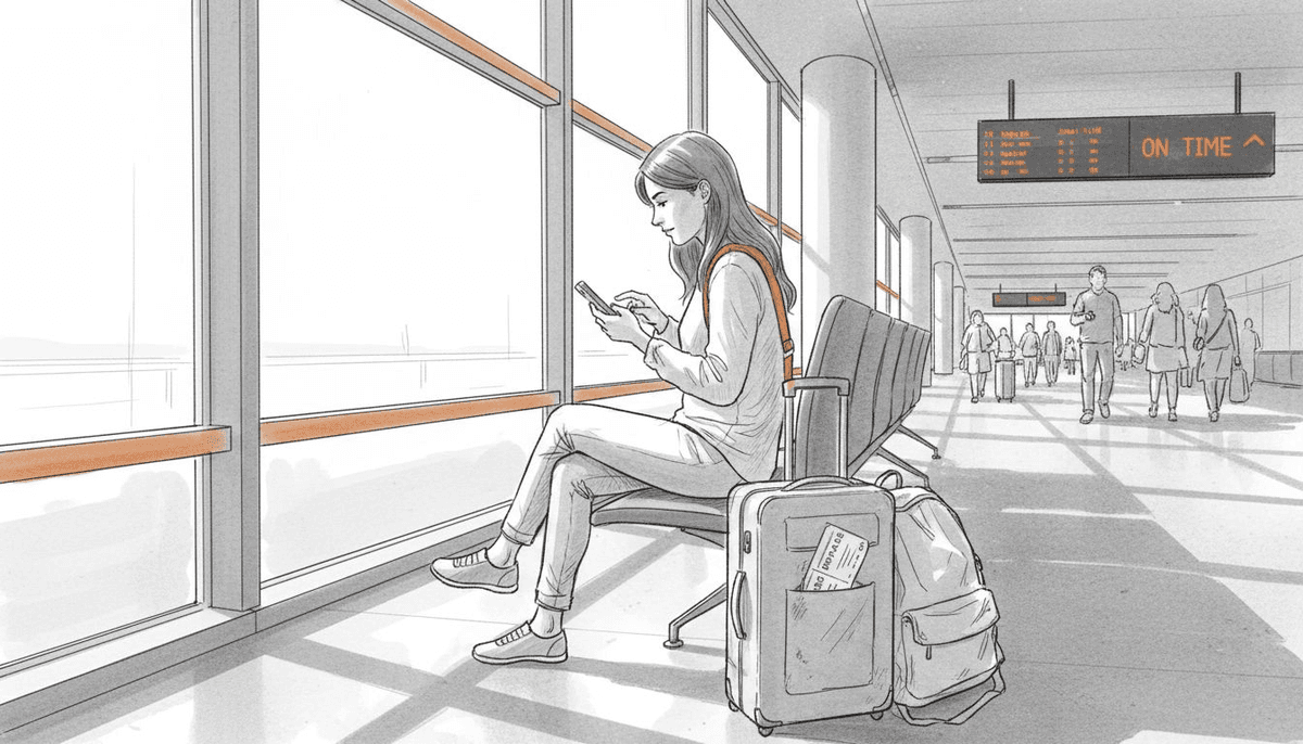 Traveler managing eSIM on phone in airport