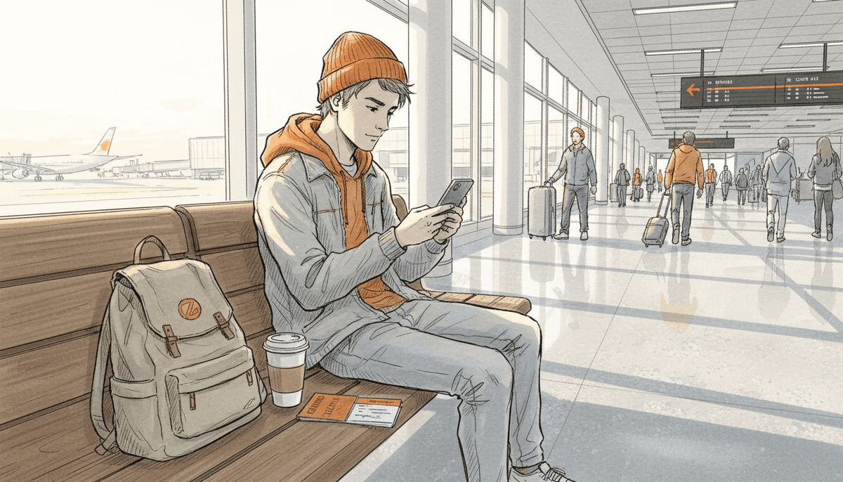 Traveler activating eSIM in airport terminal
