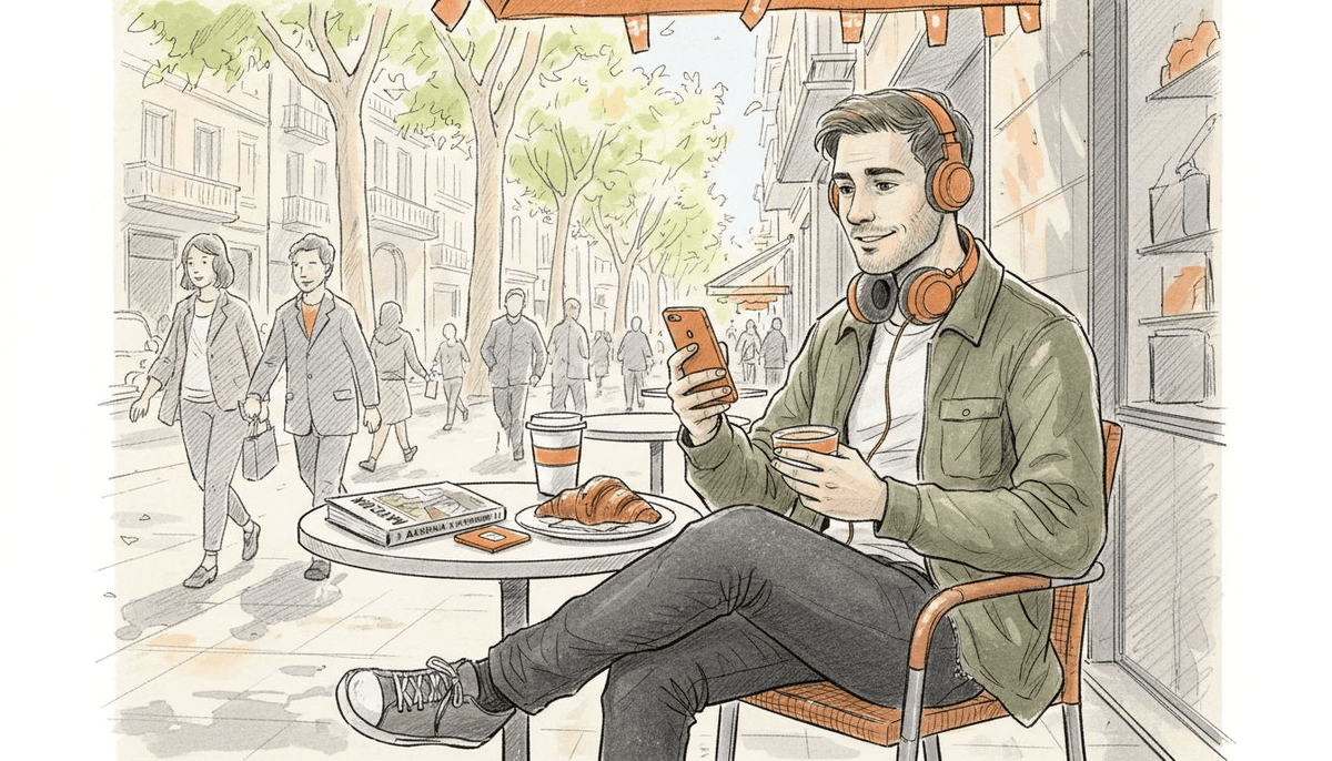 Traveler using phone at Barcelona café