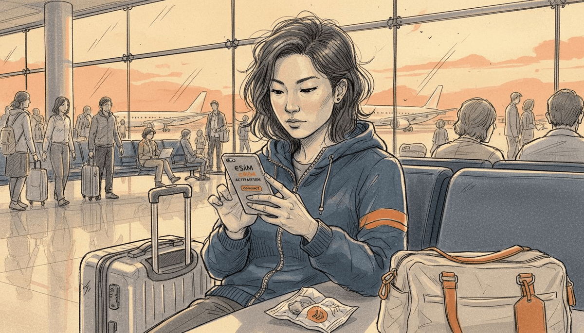 Traveler activating eSIM in airport lounge