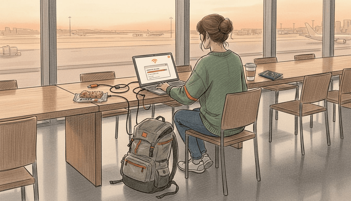 Traveler activating eSIM in airport lounge