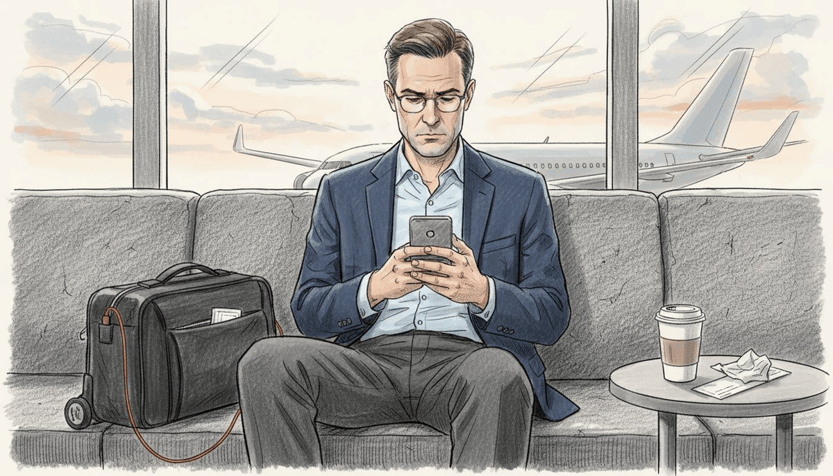 Business traveler using phone in airport