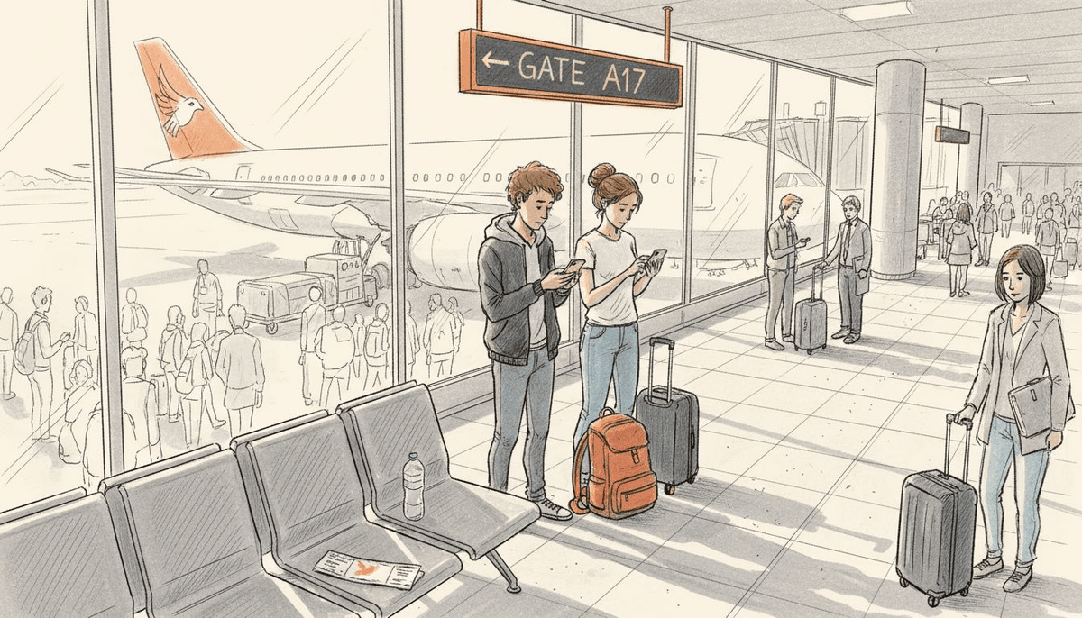 Travelers checking phones at airport gate