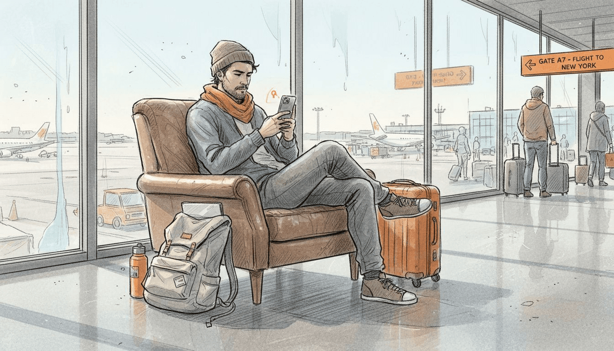 Traveler checking mobile phone in airport lounge