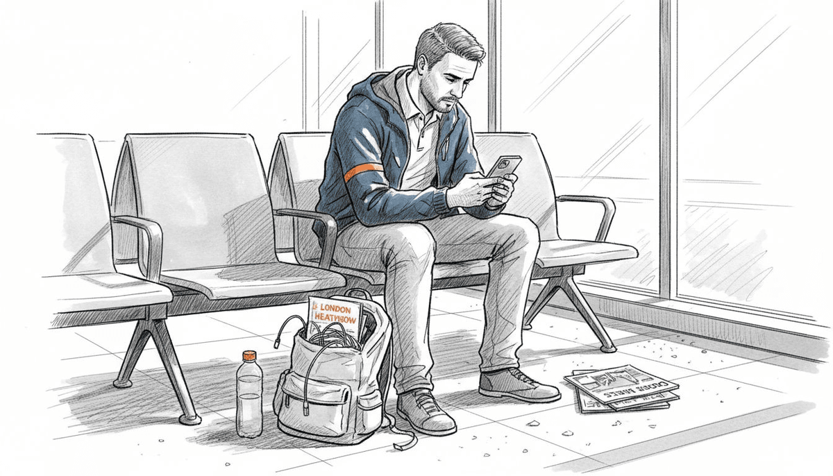 Traveler with phone at airport avoiding roaming fees