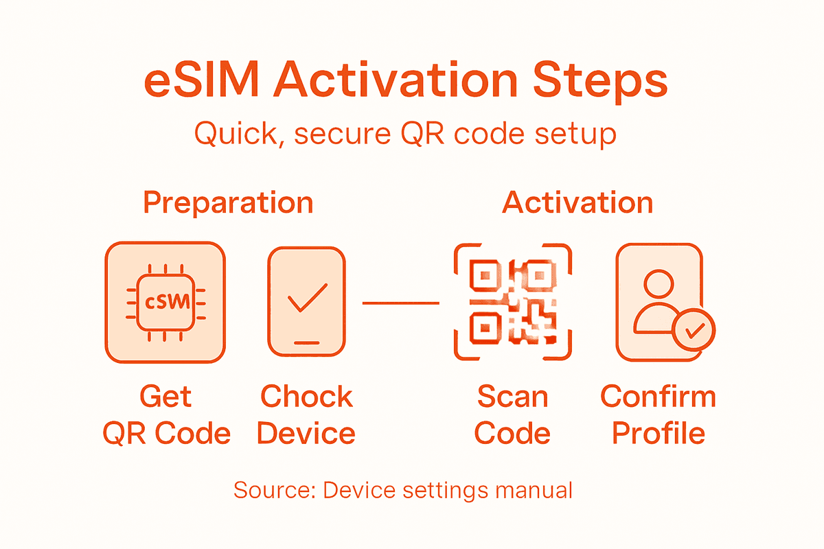 Infographic showing eSIM QR code activation steps