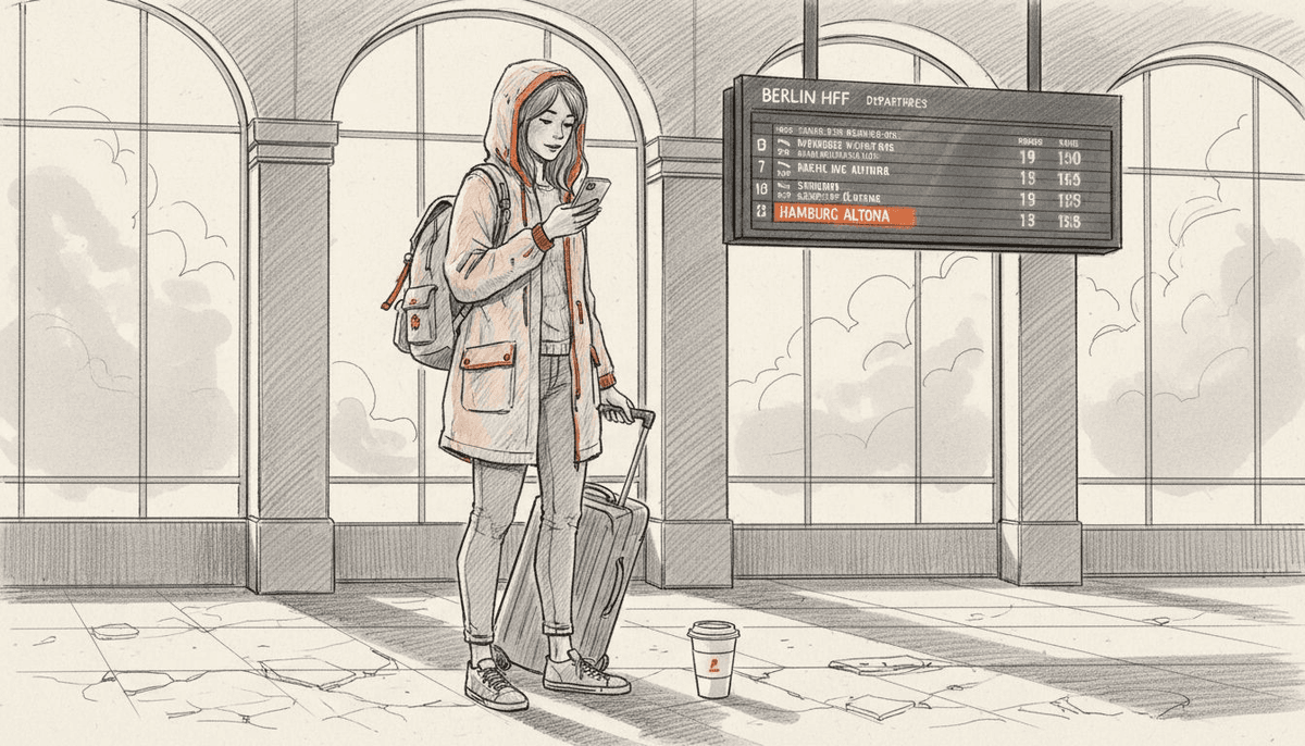 Traveler using phone on station platform abroad