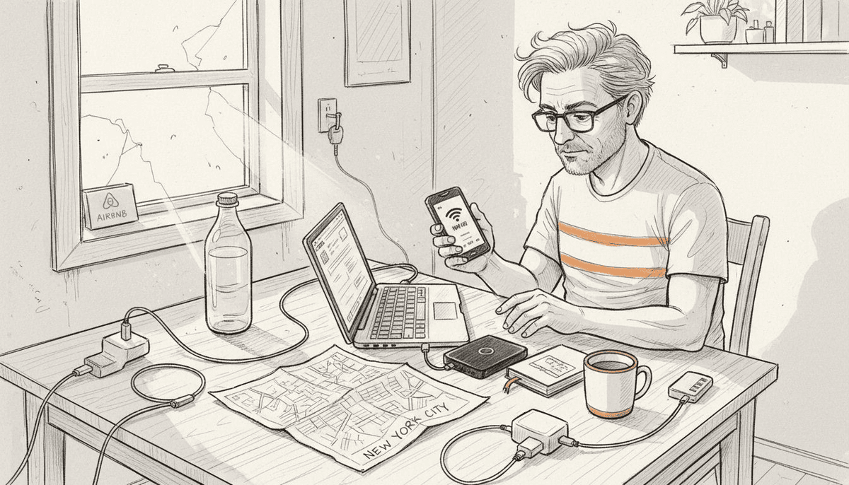 Man configuring travel Wi-Fi and devices