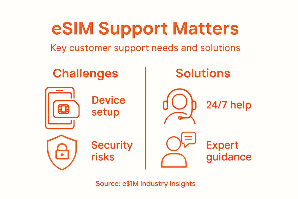 eSIM support infographic with challenges and solutions
