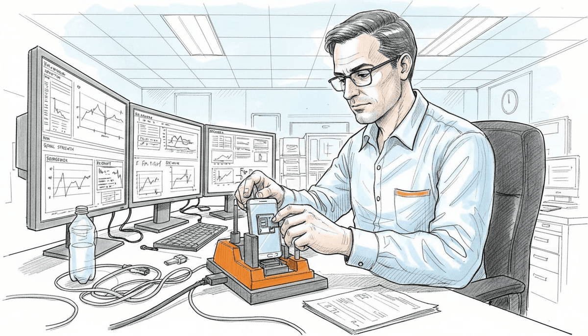 Telecom engineer activating eSIM at workstation