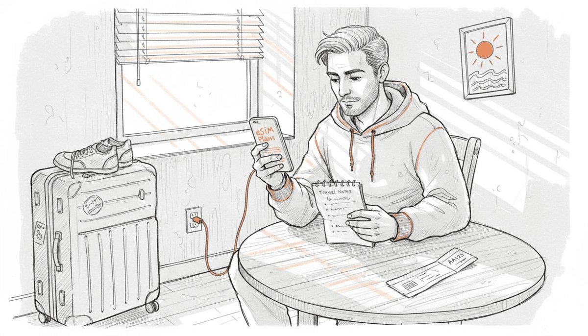 Traveler selecting eSIM plan at kitchen table