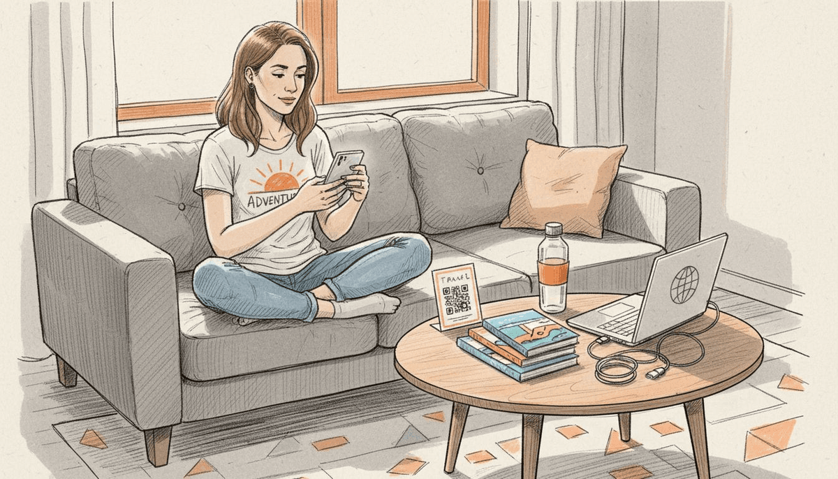 Woman activating eSIM on phone at home