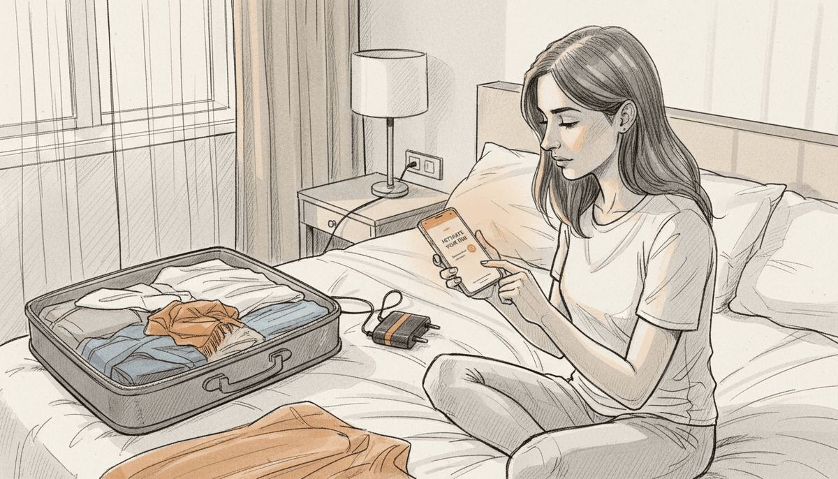 Woman activating eSIM in cluttered hotel room