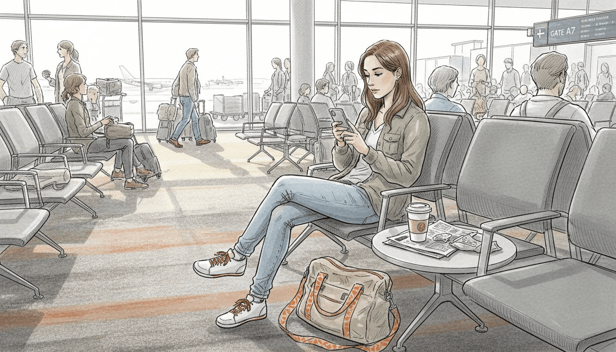 Traveler checks phone at airport lounge