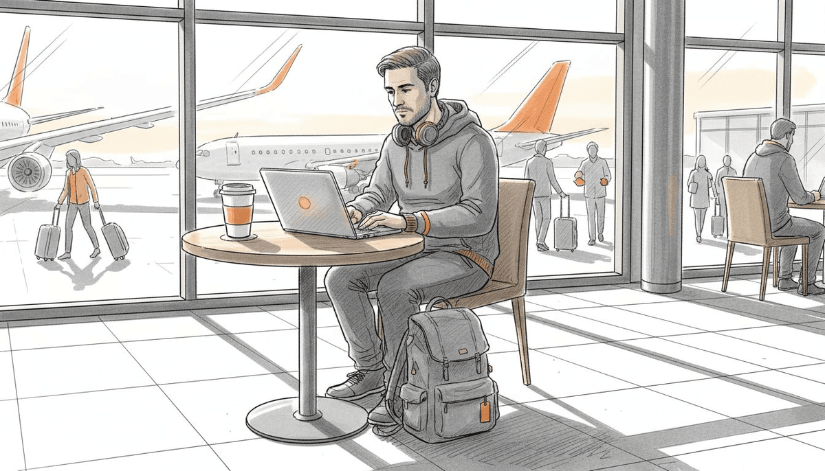 Remote worker using laptop in airport lounge