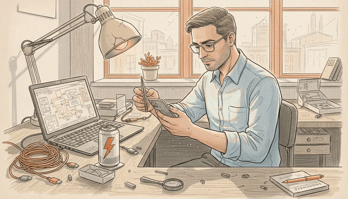 Engineer setting up eSIM smartphone in office