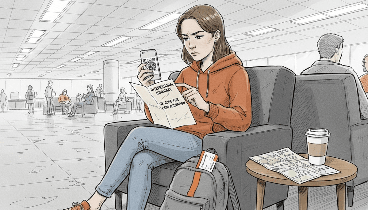 Traveler activating eSIM at airport lounge