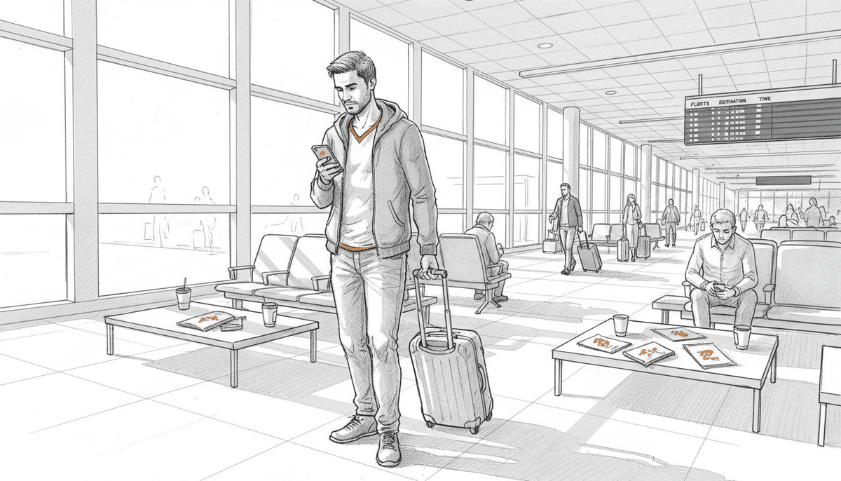 Traveler checking phone in airport terminal
