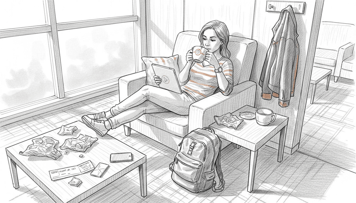 Traveler streaming video in airport lounge
