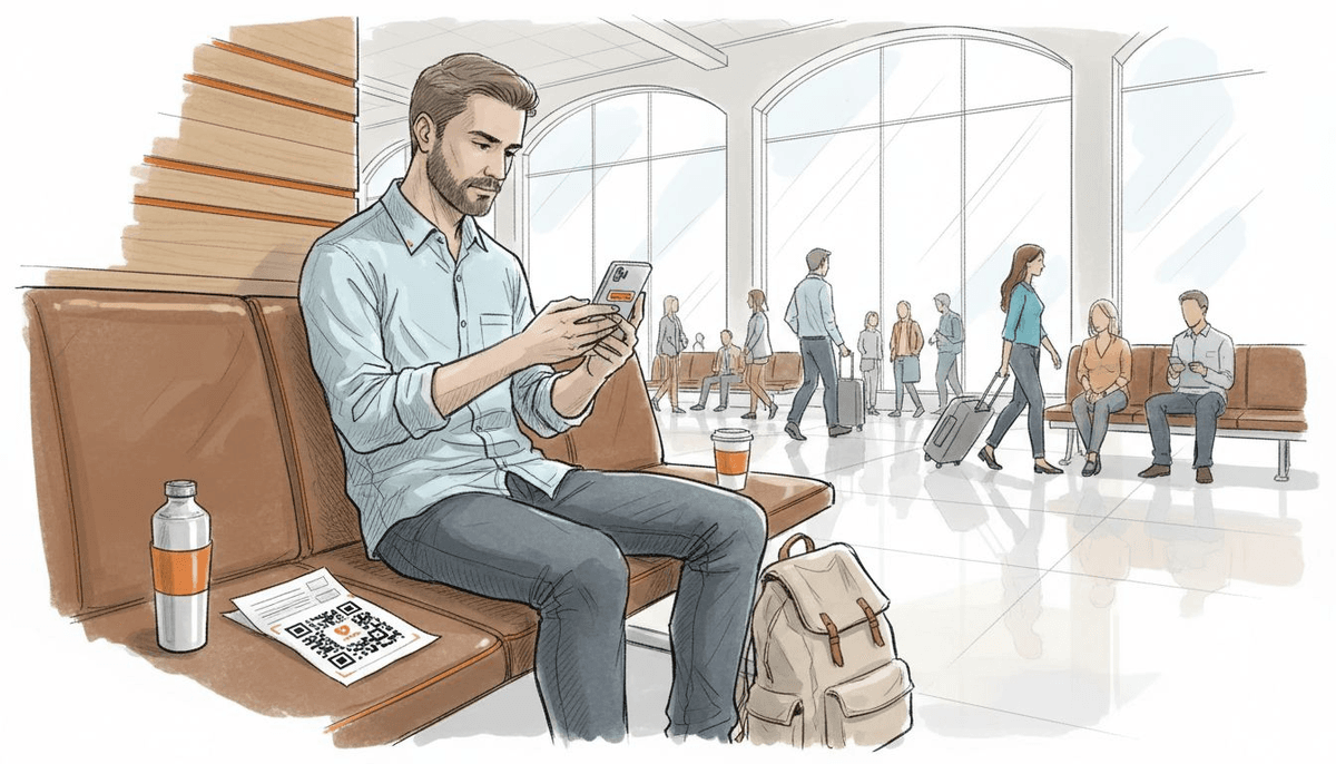 Traveler activating phone in airport lounge