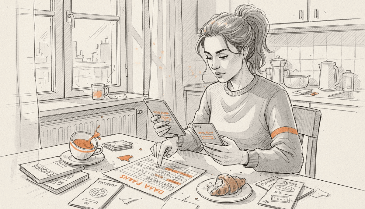 Woman comparing mobile plans at kitchen table