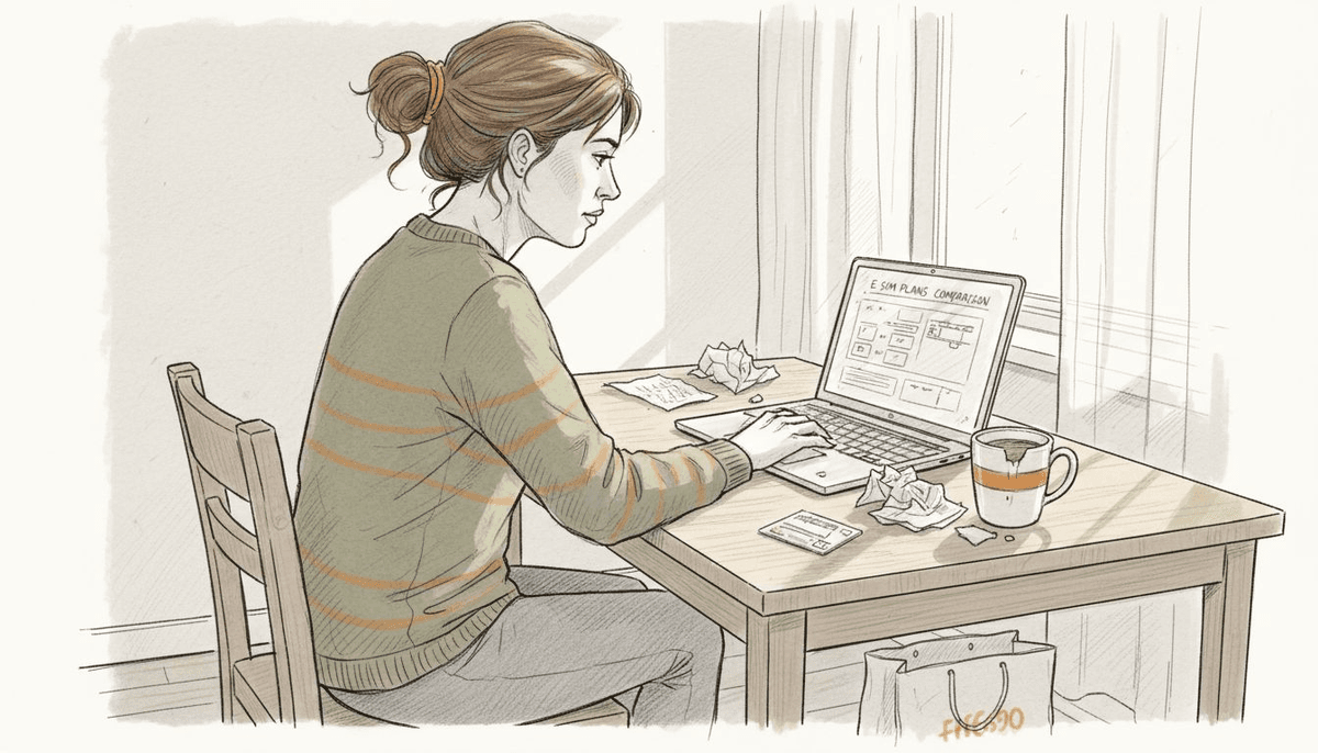 Woman comparing eSIM plans on laptop
