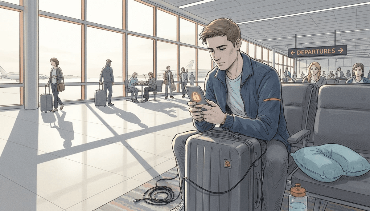 Traveler securing phone in airport lounge