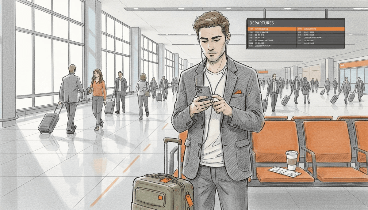 Traveler using phone in a busy airport