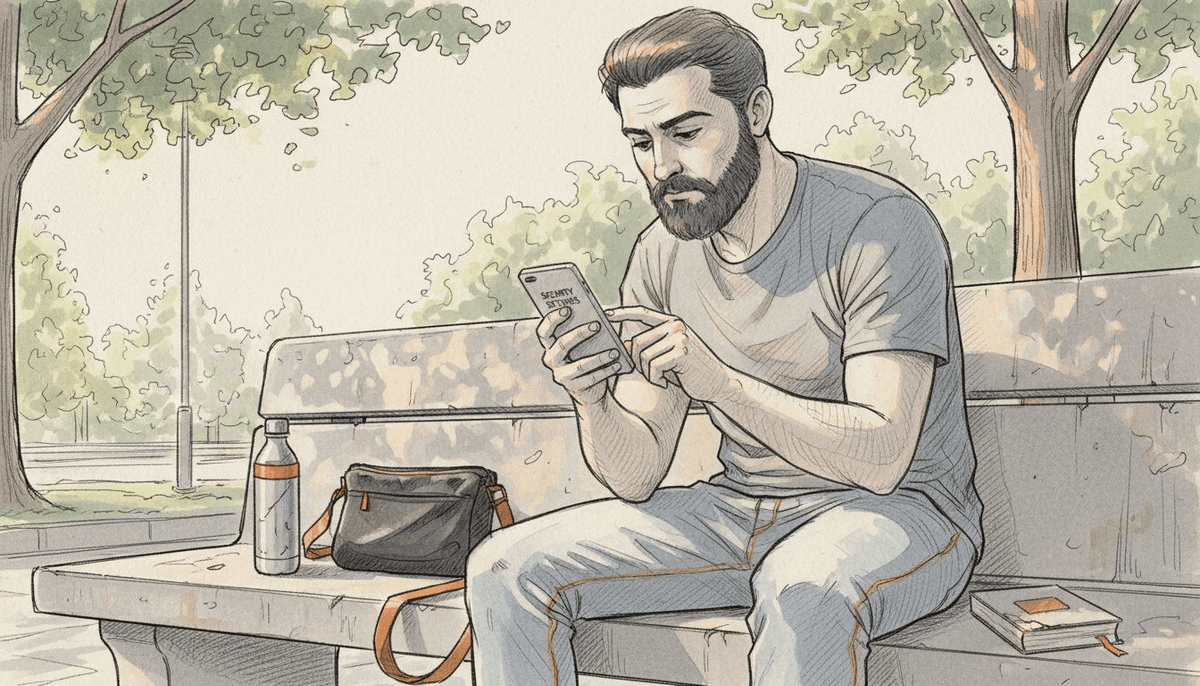 Traveler securing phone eSIM outdoors