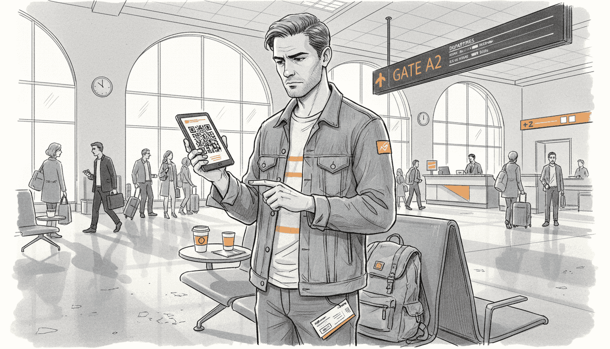 Traveler activating eSIM in airport lounge