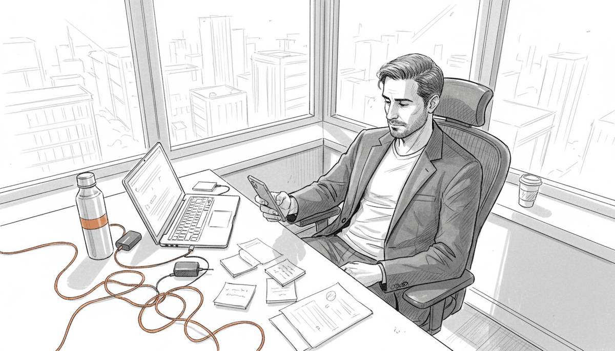 Professional using phone and laptop in city office