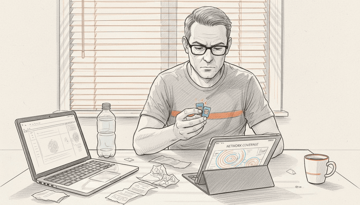 Consultant comparing SIM cards at kitchen table