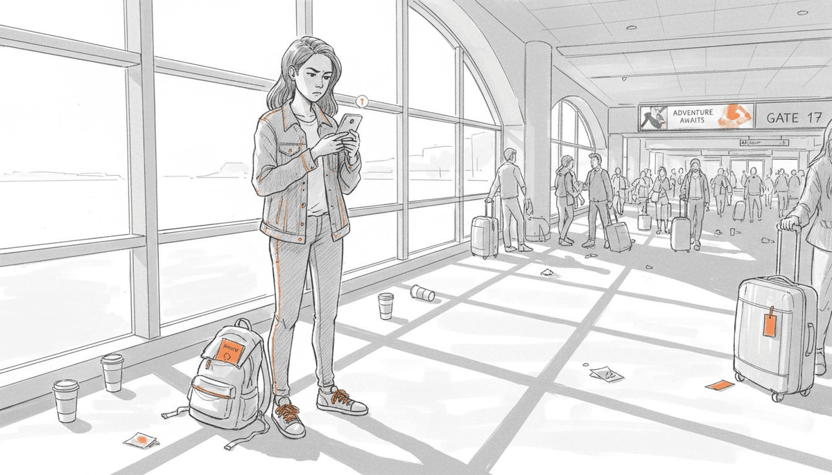 Traveler checking phone in airport terminal